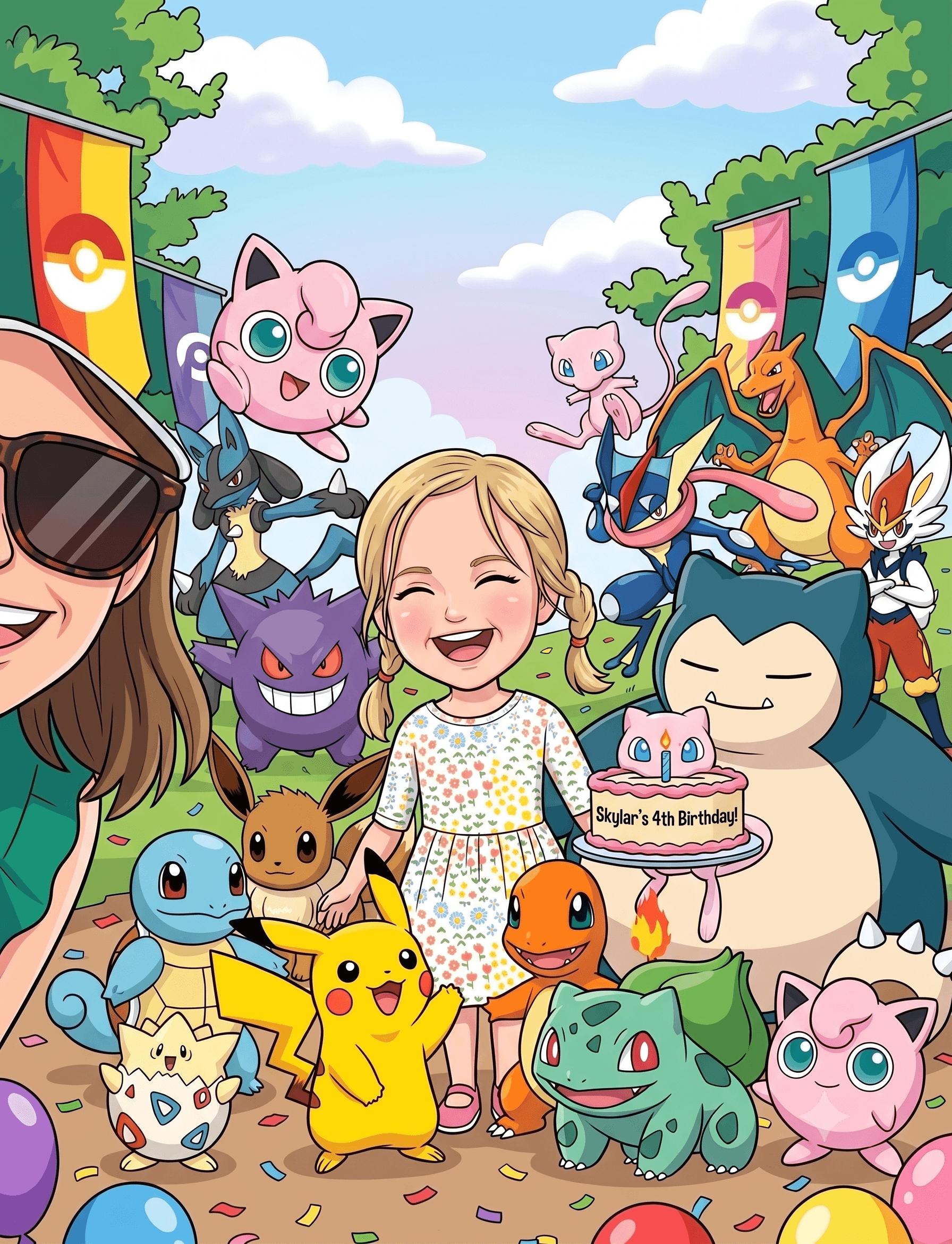 Skylar smiling at her Pokémon birthday party, surrounded by Pikachu and friends.